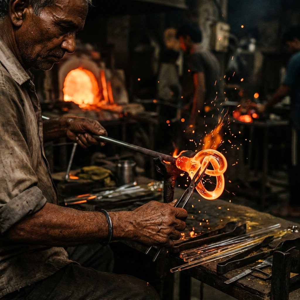 Indian craftsman shaping glowing red-hot glass loops in an ancient furnace workshop
