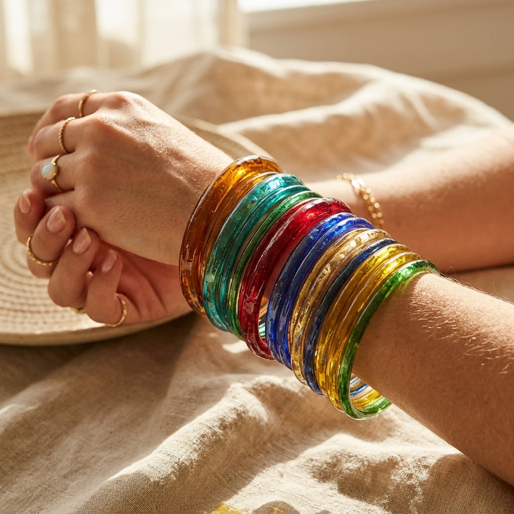 A luxurious close-up of dynamic sun rays lighting delicate glass bangles on a woman's wrist